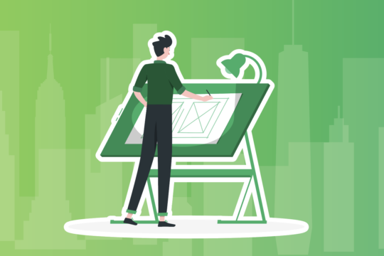 Digital graphic illustration of a person using a drafting table